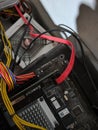 Close-up of Computer Motherboard with Cables and Components Inside Desktop Case Royalty Free Stock Photo