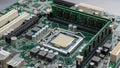 Close-up of a computer motherboard with CPU socket and RAM modules installed image photo Royalty Free Stock Photo