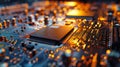 Close-up of a computer motherboard with different chips, modules and slots. Microchip production factory.