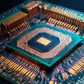 Close-up of a computer motherboard featuring a central processing unit (CPU) and surrounding components. Royalty Free Stock Photo