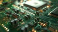 Close-up of a computer motherboard with glowing circuits Royalty Free Stock Photo