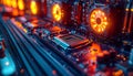 Close-up of a computer motherboard with glowing orange fans and a central processor Royalty Free Stock Photo