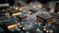 Close Up Of Computer Motherboard With Microchips And Golden Circuits circuit board Royalty Free Stock Photo