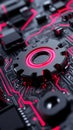 A close up of a computer motherboard with a red gear on it Royalty Free Stock Photo