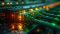 Close-up of a computer network switch with glowing cables Royalty Free Stock Photo