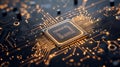 Close-up of a computer processor chip on a circuit board, with glowing circuitry Royalty Free Stock Photo