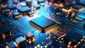Close-up of a computer processor chip on a circuit board with glowing lights Royalty Free Stock Photo