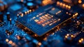 Close-up of a computer processor chip on a circuit board with glowing lights Royalty Free Stock Photo