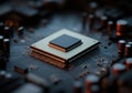 Close-up of a computer processor on a circuit board with intricate details