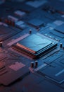 Close-up of a computer processor on a circuit board with vibrant lighting