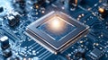 Close-up of a computer processor with a glowing central chip, symbolizing technology, innovation, and processing power Royalty Free Stock Photo