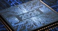 Close up computer processor microchip with glowing circuit board and year 2026 on dark background future technology innovation Royalty Free Stock Photo