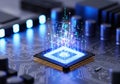 Close-up of a Computer Processor on a Motherboard with Glowing Blue and Pink Digital Data Projection Royalty Free Stock Photo