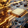Macro Shot of Processor with Liquid Gold Circuits Flowing on Silicon Substrate Royalty Free Stock Photo