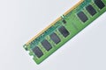 Close-up of a computer RAM module with green circuit board and black memory chips Royalty Free Stock Photo