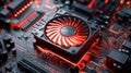 A close-up of a computer\'s motherboard with a processor cooling system highlighted in red Royalty Free Stock Photo