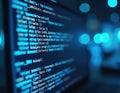Close-up of computer screen with blue code. Programming, software development, cybersecurity concept. Tech datum, network, online Royalty Free Stock Photo