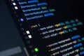 close-up of computer screen with colorful css code, focus on root selector, web development, frontend design and programming
