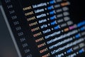close-up of computer screen with colorful javascript code, focus on const keyword, software development and programming Royalty Free Stock Photo