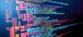 Close-up of computer screen displaying colorful lines of code, representing programming language syntax, software development, Royalty Free Stock Photo
