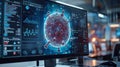 Close-up of a computer screen displaying coronavirus data and analysis in a modern laboratory setting Royalty Free Stock Photo