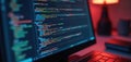 Close-up of computer screen displaying programming code, software development. Programmer work at home, coding, cyberspace. Royalty Free Stock Photo