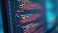 Close-up computer screen displays complex source code. Vivid colors highlight programming language elements. Abstract tech Royalty Free Stock Photo