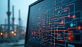 Close-up computer screen displays digital diagram. Power plant blurred background. Tech, innovation, data visualization, energy Royalty Free Stock Photo