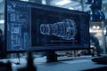 Close up of computer screen with engineering software and blueprint of engine component in use Royalty Free Stock Photo