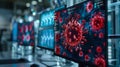 Close-up of computer screens displaying a virus model in a laboratory, signifying digital research and medical technology Royalty Free Stock Photo