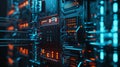 Close-up of a computer server room with lots of wires and lamps. The concept of manufacturability and telecommunications. A Royalty Free Stock Photo