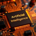 Artificial Intelligence Conceptual Chip on a Gold and Orange Glowing Motherboard Deep Learning Royalty Free Stock Photo