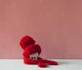 Close up conceptual miniature model house with red wool scarf, hat on pink background Royalty Free Stock Photo