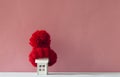 Close up conceptual miniature model house with red wool scarf, hat on pink background Royalty Free Stock Photo