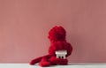 Close up conceptual miniature model house with red wool scarf, hat on pink background Royalty Free Stock Photo