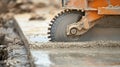 Concrete Cutting Machine Slices Through Wet, Fresh Concrete Slab Outside Royalty Free Stock Photo