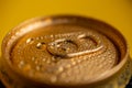 Close-up of condensate on a metal soda can