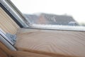 Close up of condensation on velux window in a house, water drops and hight humidity