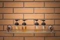 Close up conditioning shampoo and shower cream bottles put on glass shelf with brick wall in the background beside swimming pool. Royalty Free Stock Photo