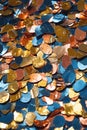 close-up of confetti on a golden reflective surface