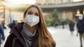Close up of confident woman wearing medical mask in city street as prevention against virus Royalty Free Stock Photo