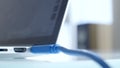 Close up of connected blue USB Port to Laptop Royalty Free Stock Photo