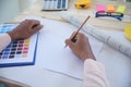 close up construction engineer man hands working at office desk architect workplace. Engineer Men hands drawing holding folder, Royalty Free Stock Photo