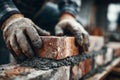 Close-up of construction worker's hands laying bricks, creating a sturdy wall Royalty Free Stock Photo