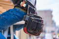 Close-up of construction worker with tool bag in leather belt Royalty Free Stock Photo