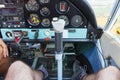 Close up of control panel in cockpit of small four seat airplane