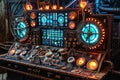 Close-Up of a Control Panel With Numerous Lights, An intricate time machine console with numerous levers, buttons, and glowing