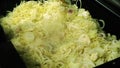 close-up, a cook in gloves puts a lot of fresh, chopped onion on a large industrial frying pan for roasting, cooking Royalty Free Stock Photo