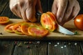 Close-up of a cook hands with a knife cutting a tomato into small pieces for a vegetable dish for lunch. Work environment on th Royalty Free Stock Photo