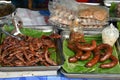 Close up of cooked buffalo sausages in a market stall in Luang Prabang, Laos